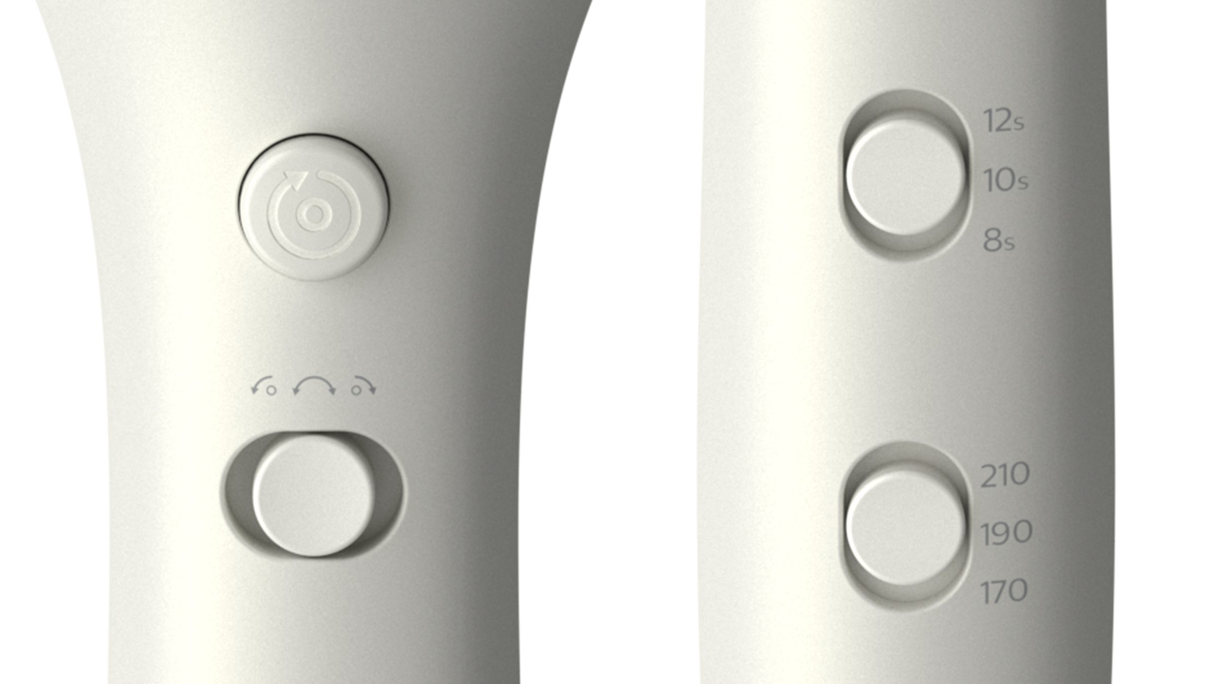 Close-up of white hair styling tool with control buttons.