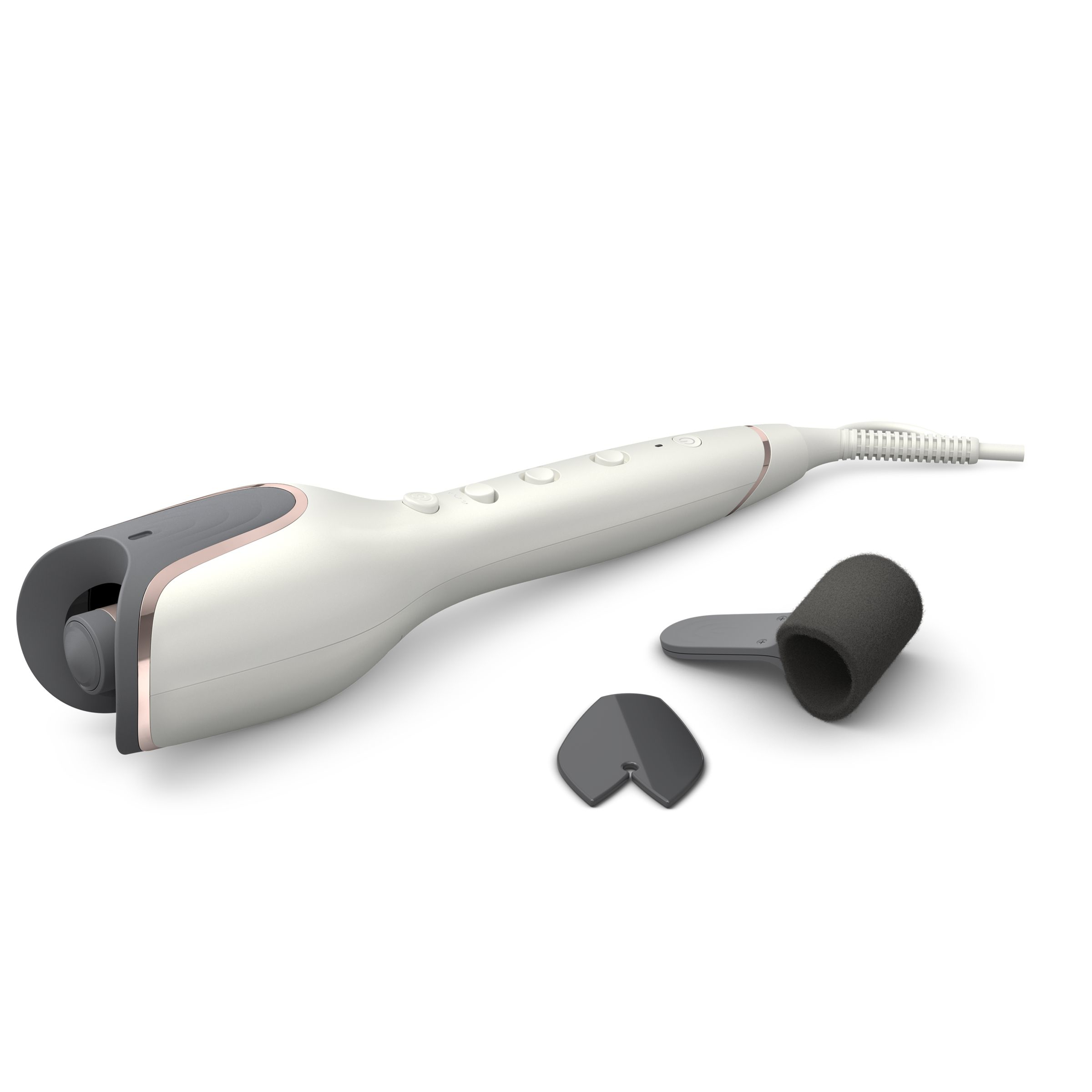 White and grey curling iron with attachments. It is set against a plain white background.