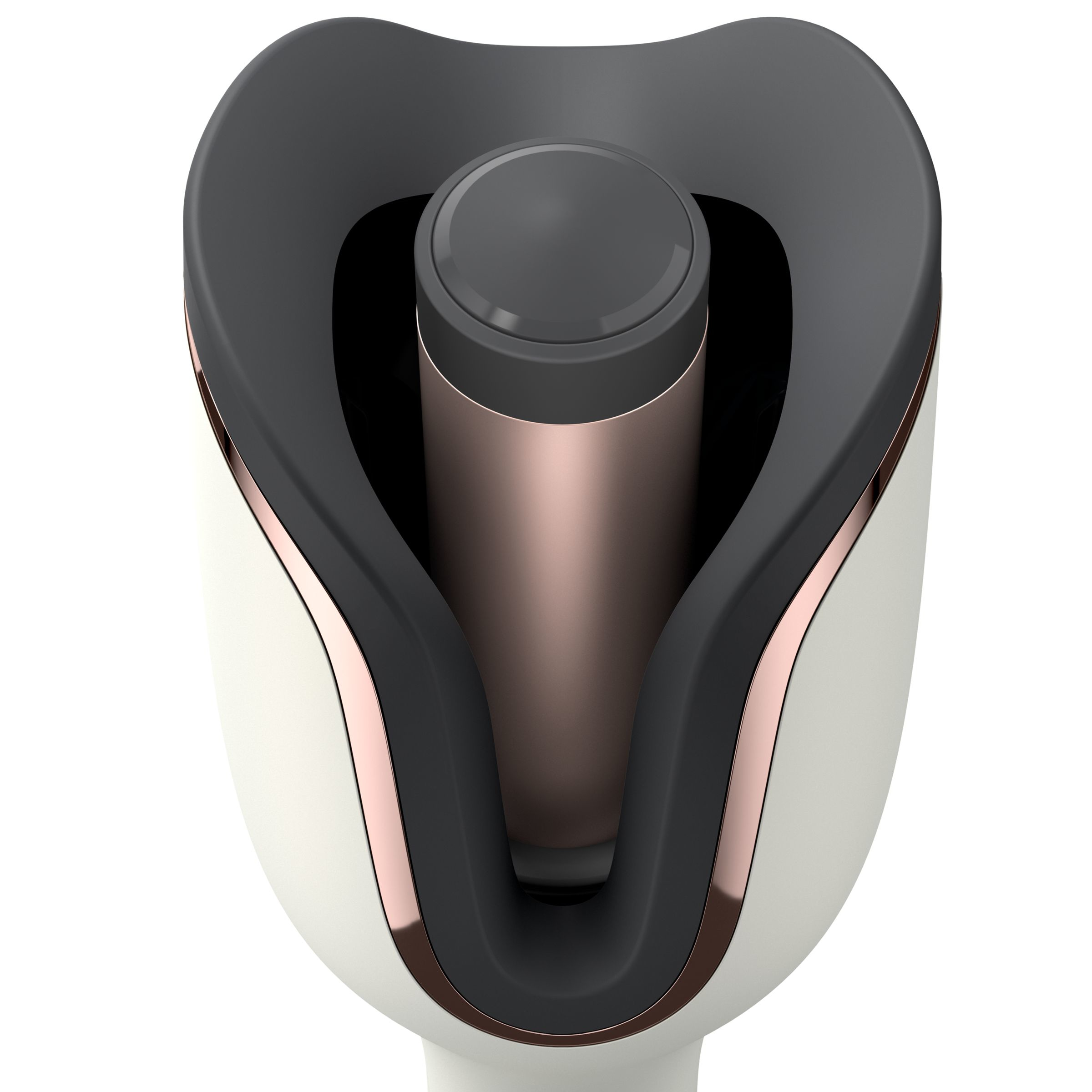 Hair curler, white and rose gold, with black interior, top view.