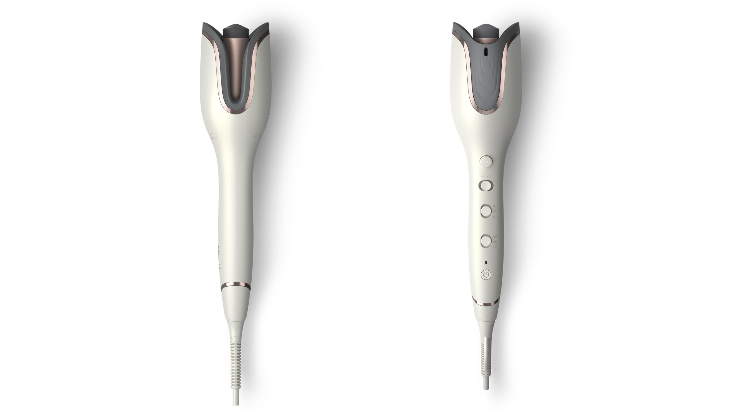 Two white Philips hair curlers, side by side, with gold accents, and a white background.
