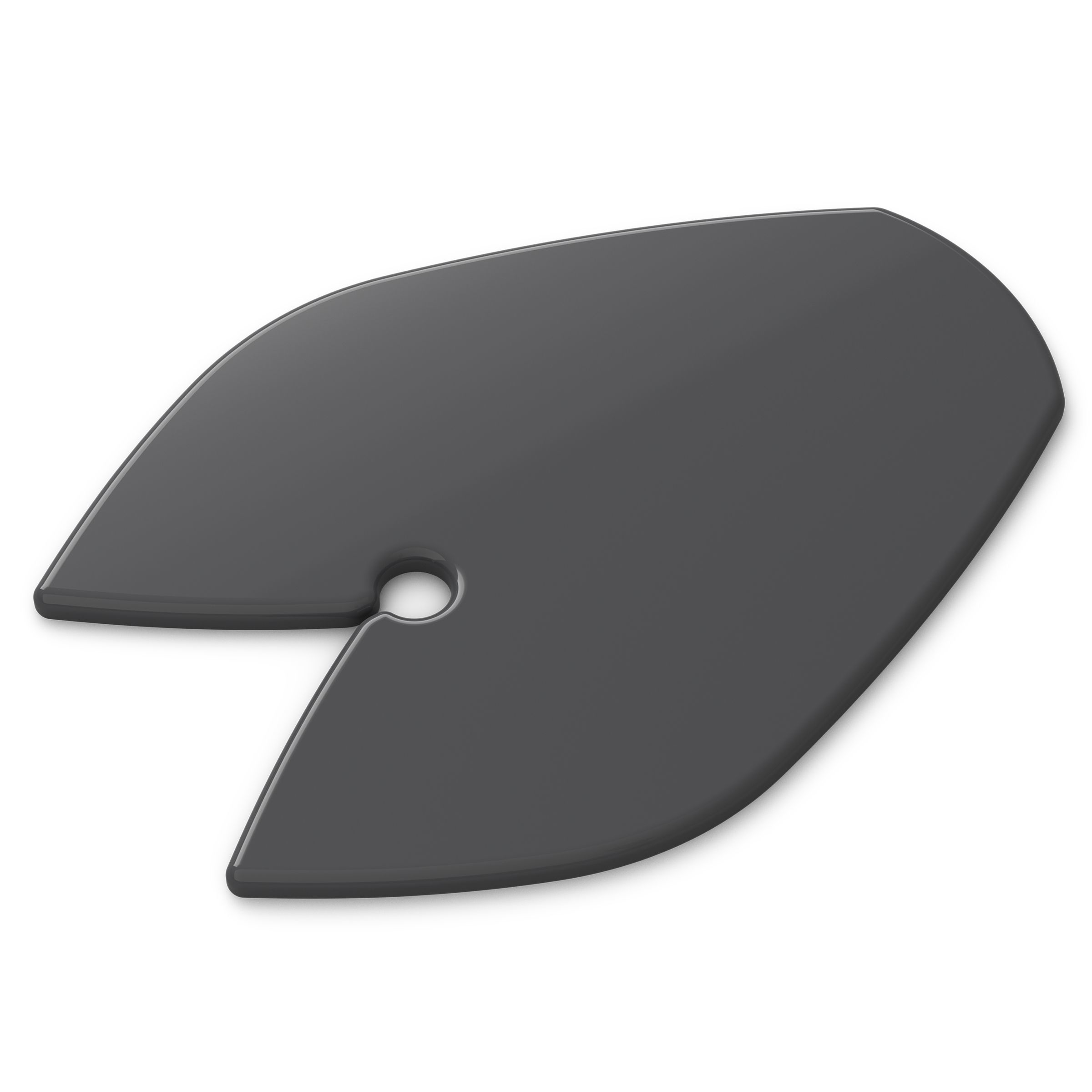 Gray plastic art palette with a hole, on a white background, with a unique shape, close-up.