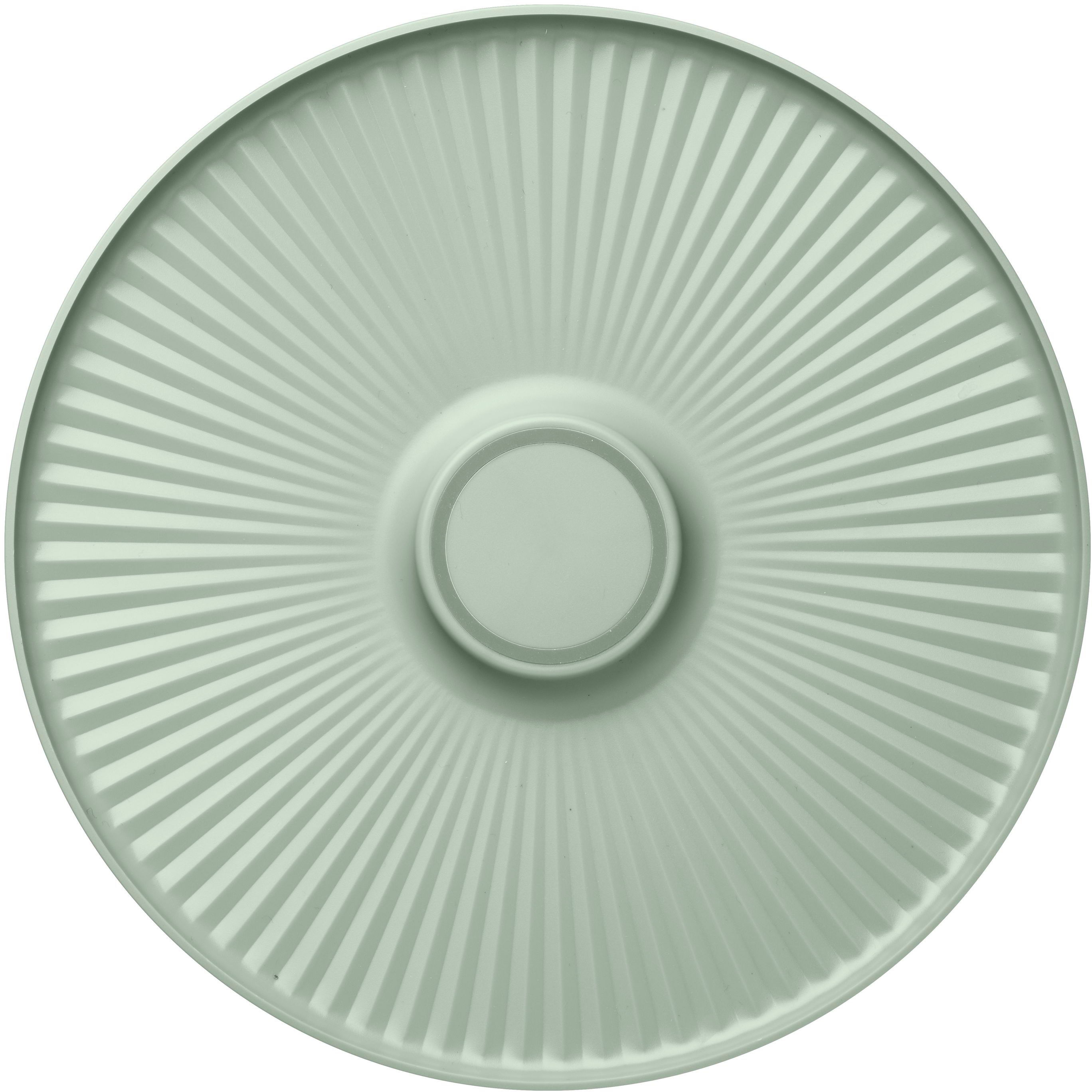 Une assiette circulaire vert clair avec des rainures radiales, centrée avec un petit cercle surélevé.