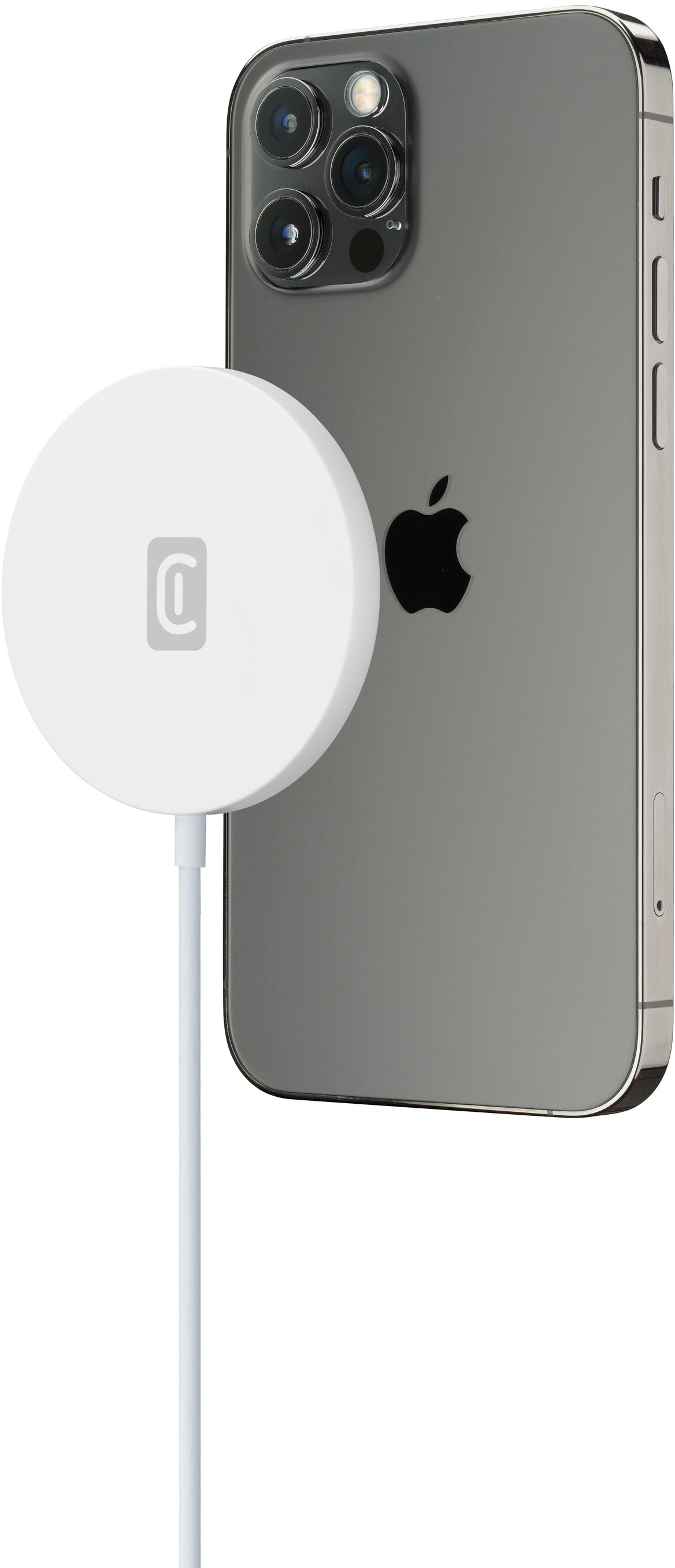 Weißes magnetisches Telefonladegerät an einem grauen Telefon befestigt, Apple-Logo sichtbar.