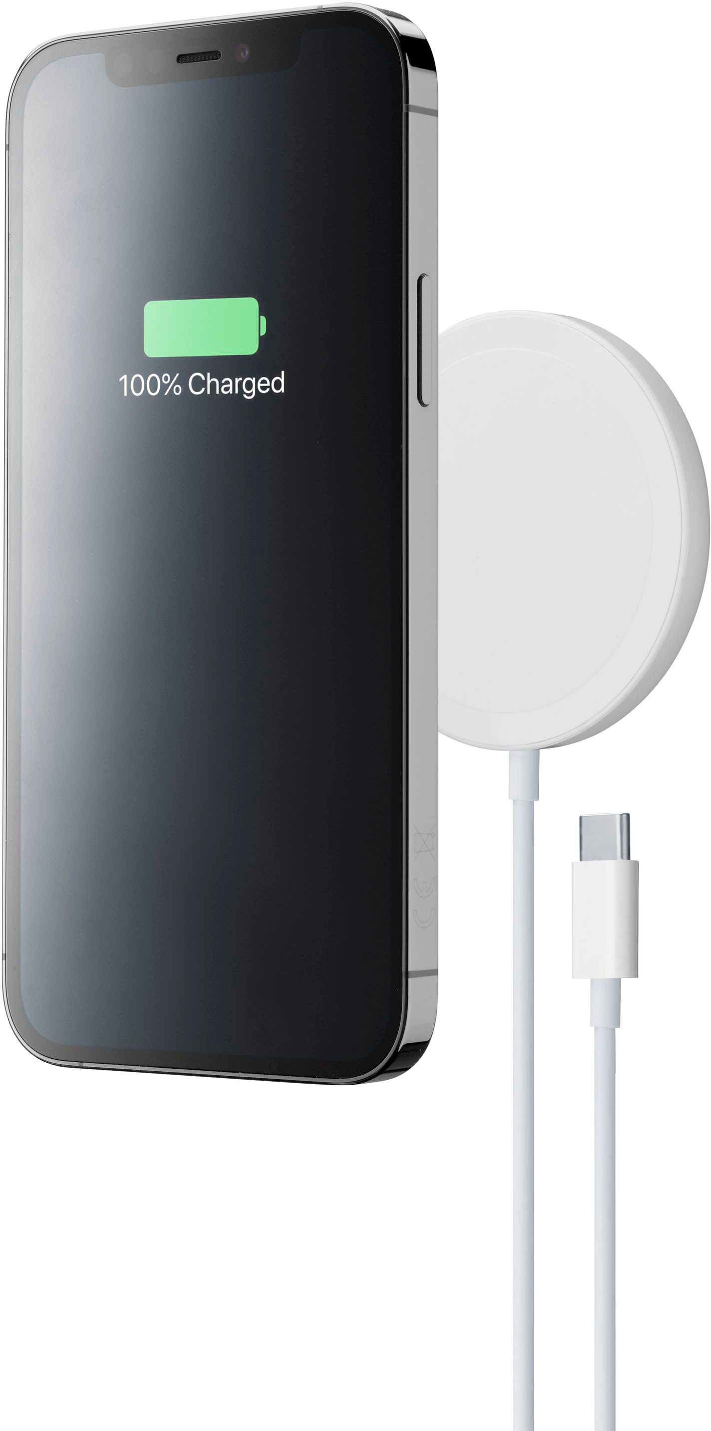 iPhone, der auf einem weißen MagSafe-Ladegerät geladen wird. Das Telefon zeigt 100 % geladen an. Weißes Kabel.