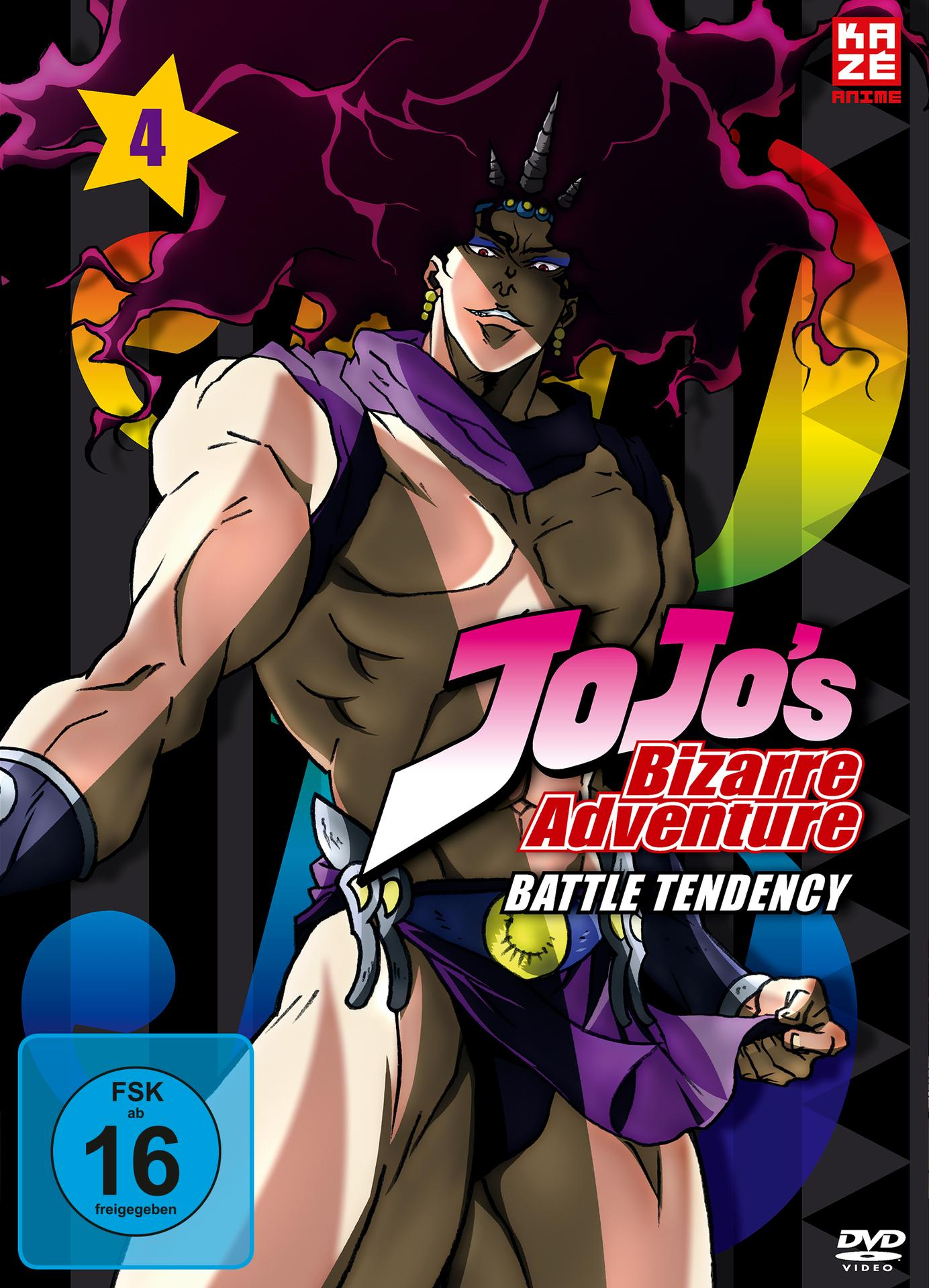 Anime-DVD-Cover. Ein muskulöser Mann mit langen lilafarbenen Haaren und einer Krone auf dem Kopf. Text: Jojo's Bizarre Adventure.