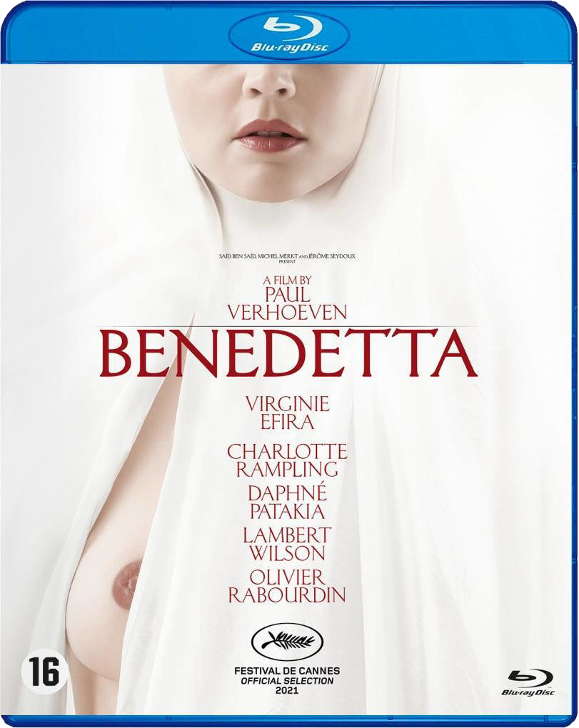 Boîtier Blu-ray: Affiche du film Benedetta avec nudité partielle. Titre et crédits visibles.
