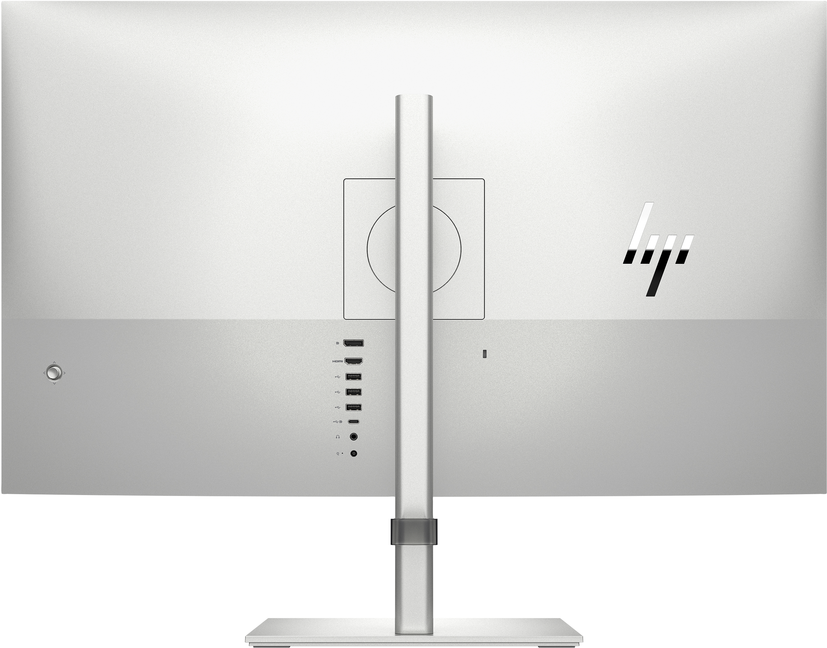 Rückseite eines silbernen HP-Monitors mit Anschlüssen und einem Ständer, das HP-Logo ist vorhanden.