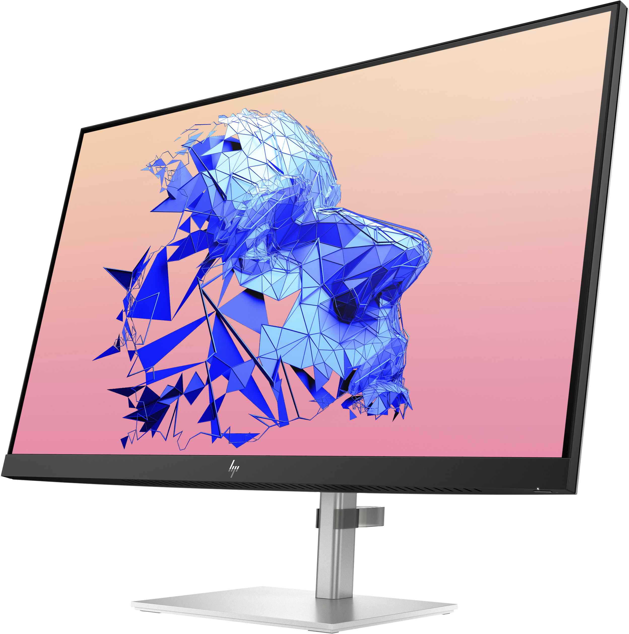 Ein Computermonitor mit einer blauen, abstrakten Gesichts-Grafik auf einem rosa-orangenen Farbverlauf.