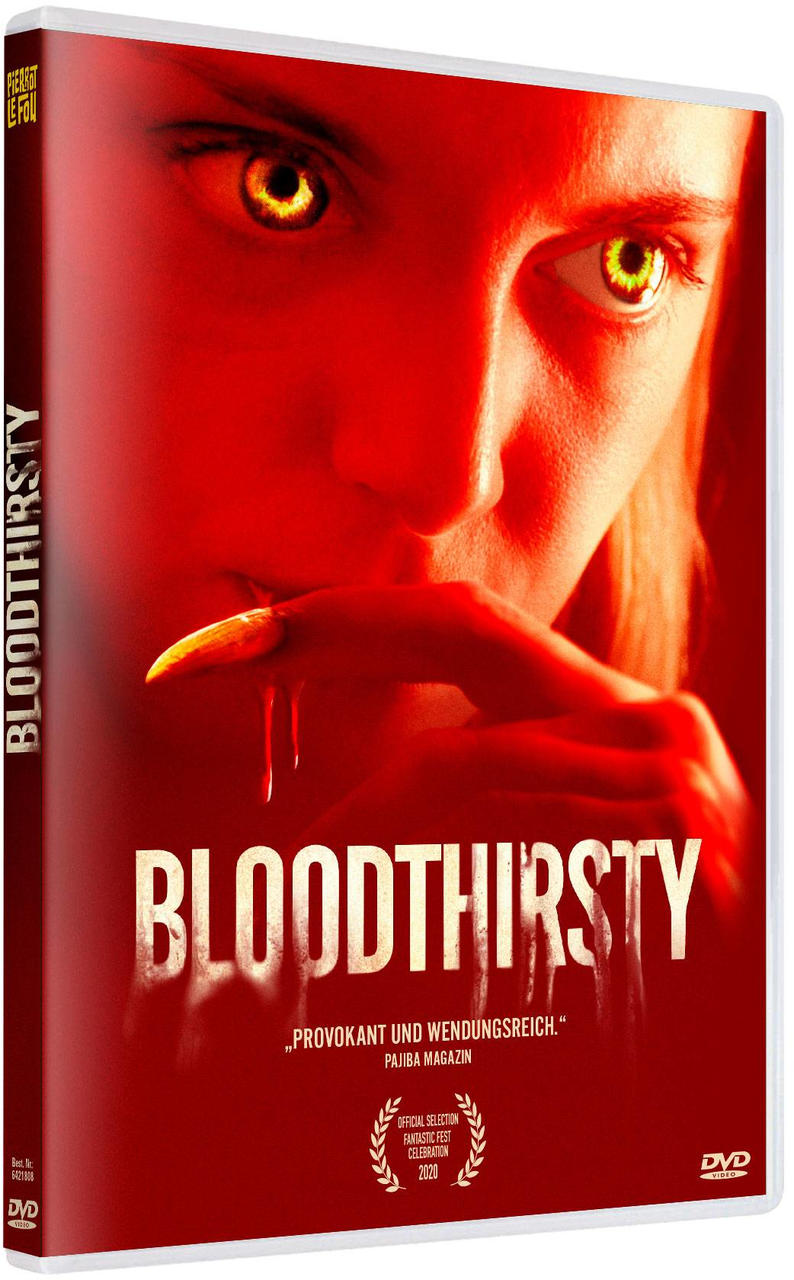DVD-Cover mit dem Gesicht einer Frau, Titel: Bloodthirsty.
