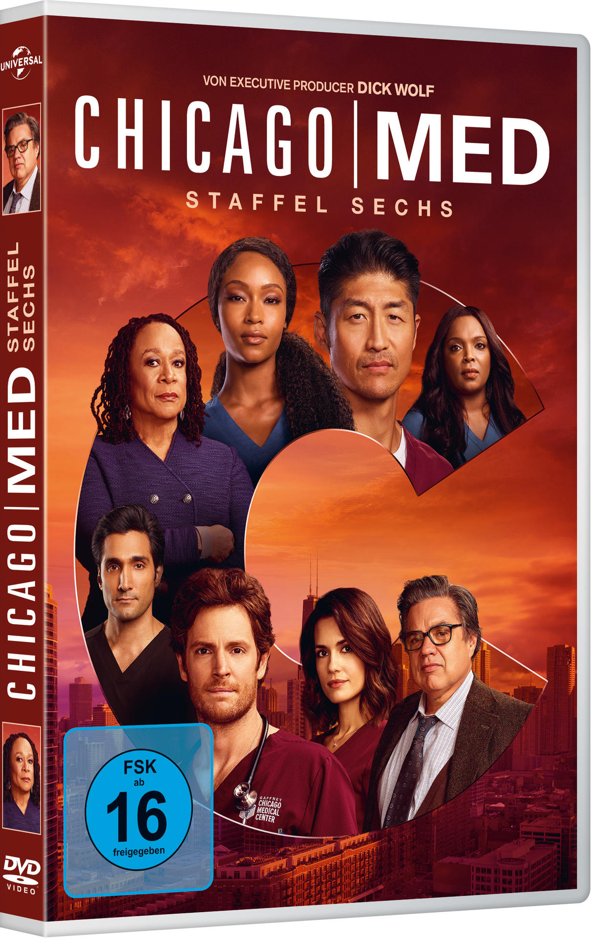 Chicago Med Staffel Sechs DVD-Cover mit Porträts der Darsteller und Skyline.