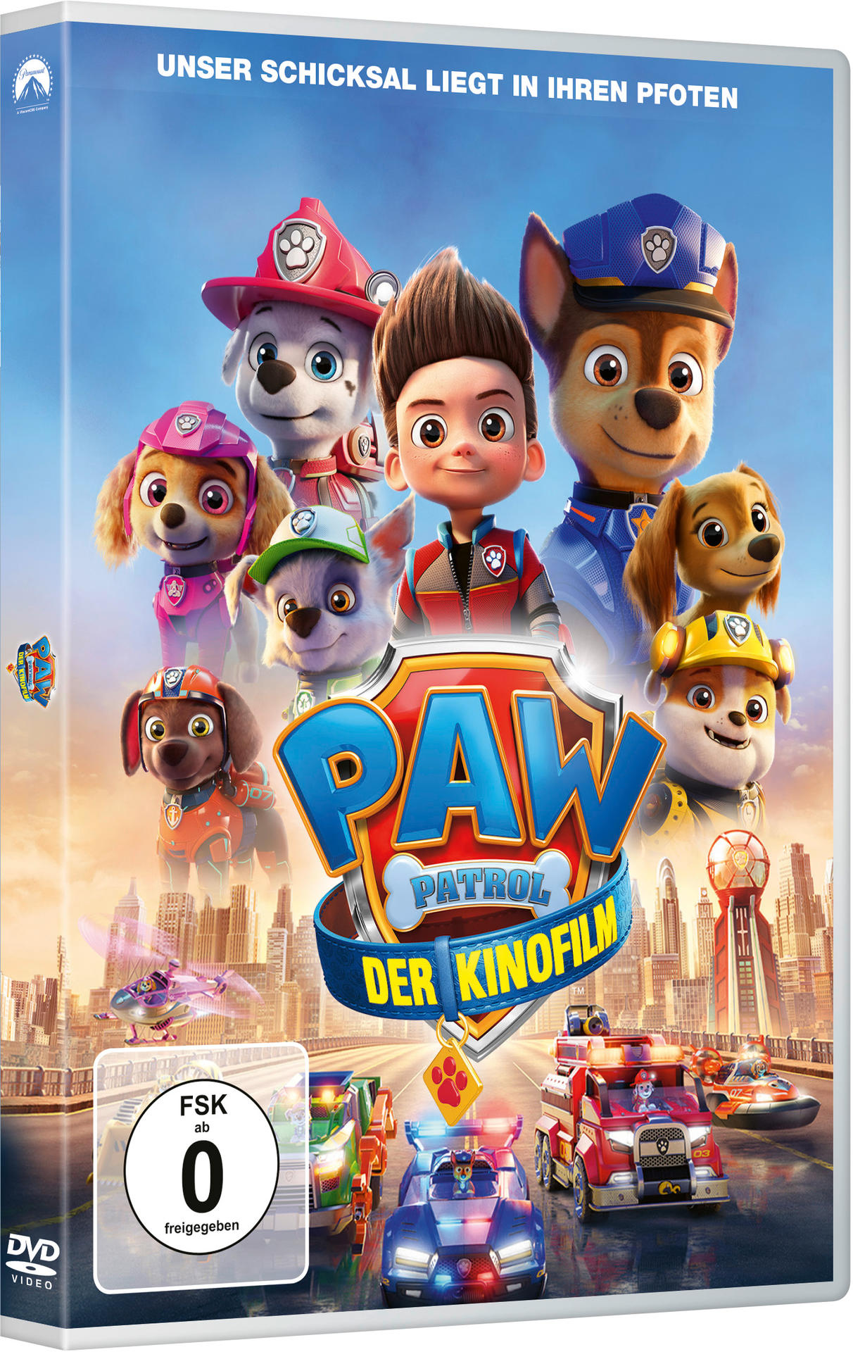 DVD-Cover mit PAW Patrol Filmfiguren vor Stadtkulisse, deutscher Text.