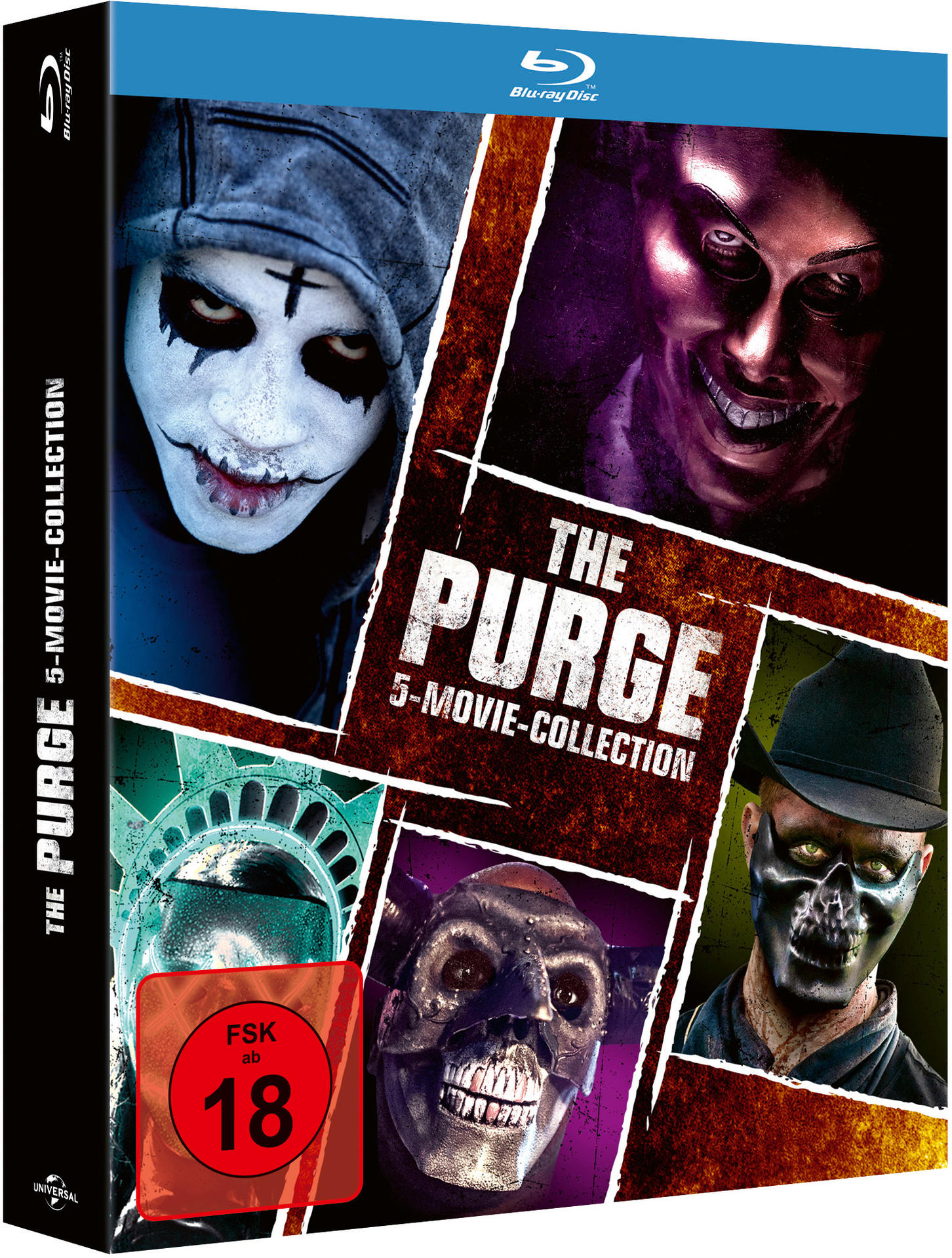 The Purge 5-Movie Collection Blu-ray Box. Gesichter mit Masken auf dem Cover. Schwarzer Hintergrund.