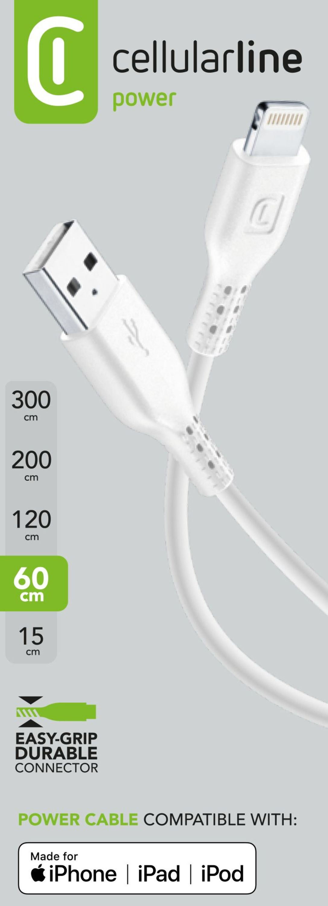 Bir USB konektörü ve bir yıldırım konektörü ile beyaz bir şarj kablosu, uzunlukları gösteren metinle.