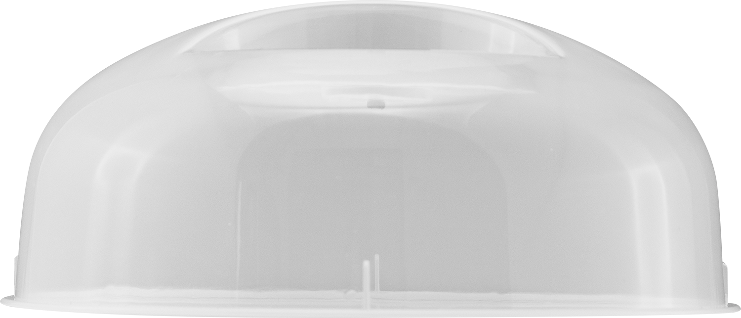 A transparent plastic lid, dome-shaped, with a handle on top.
