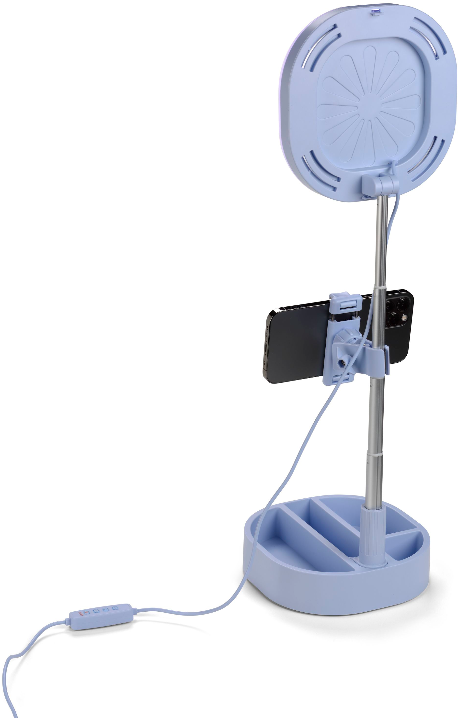 Ein blaues Ringlicht mit befestigtem Telefon, Ständer und Basis. Kabel und Steuerung befestigt.