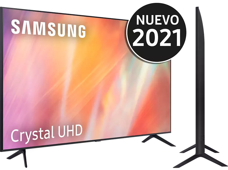 Un televisor Samsung Crystal UHD con etiqueta Nuevo 2021, soporte negro. Vista lateral visible.