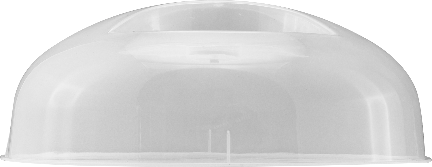 A clear, plastic microwave cover, domed shape, on a white background.