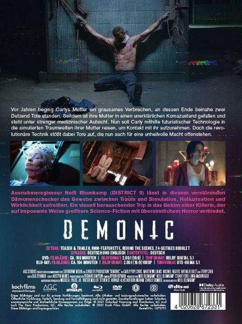 DVD-Hülle für den Film Demonic. Mehrere Bilder befinden sich auf der Rückseite der Hülle.