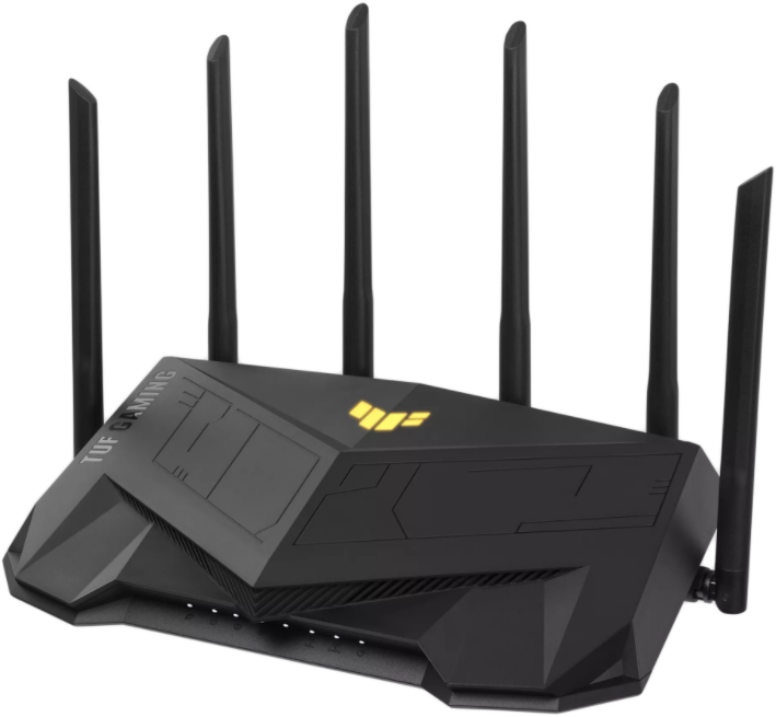 Fekete router hat antennával, TUF GAMING márka. Fehér háttér.