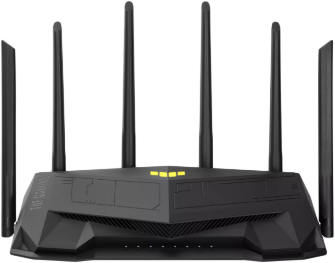 Fekete TUF Gaming router antennákkal. Felülnézet, több antennával és egy logóval.