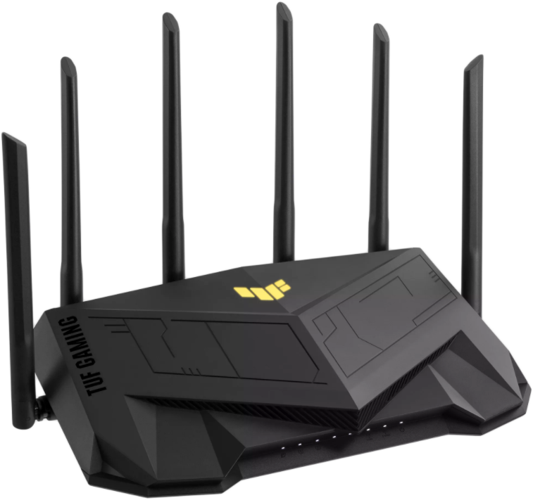 Fekete TUF gaming router hat antennával. A logó a tetején látható.