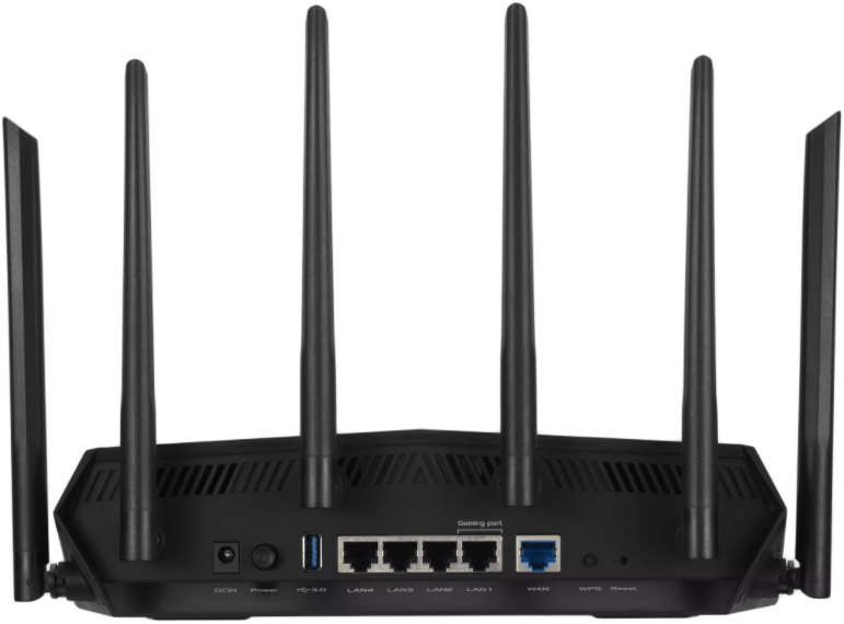 Egy fekete router hat antennával, a hátoldala látható.