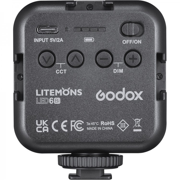 Eine schwarze LED-Leuchte für eine Kamera mit Bedienelementen. Godox und Litemons Branding.