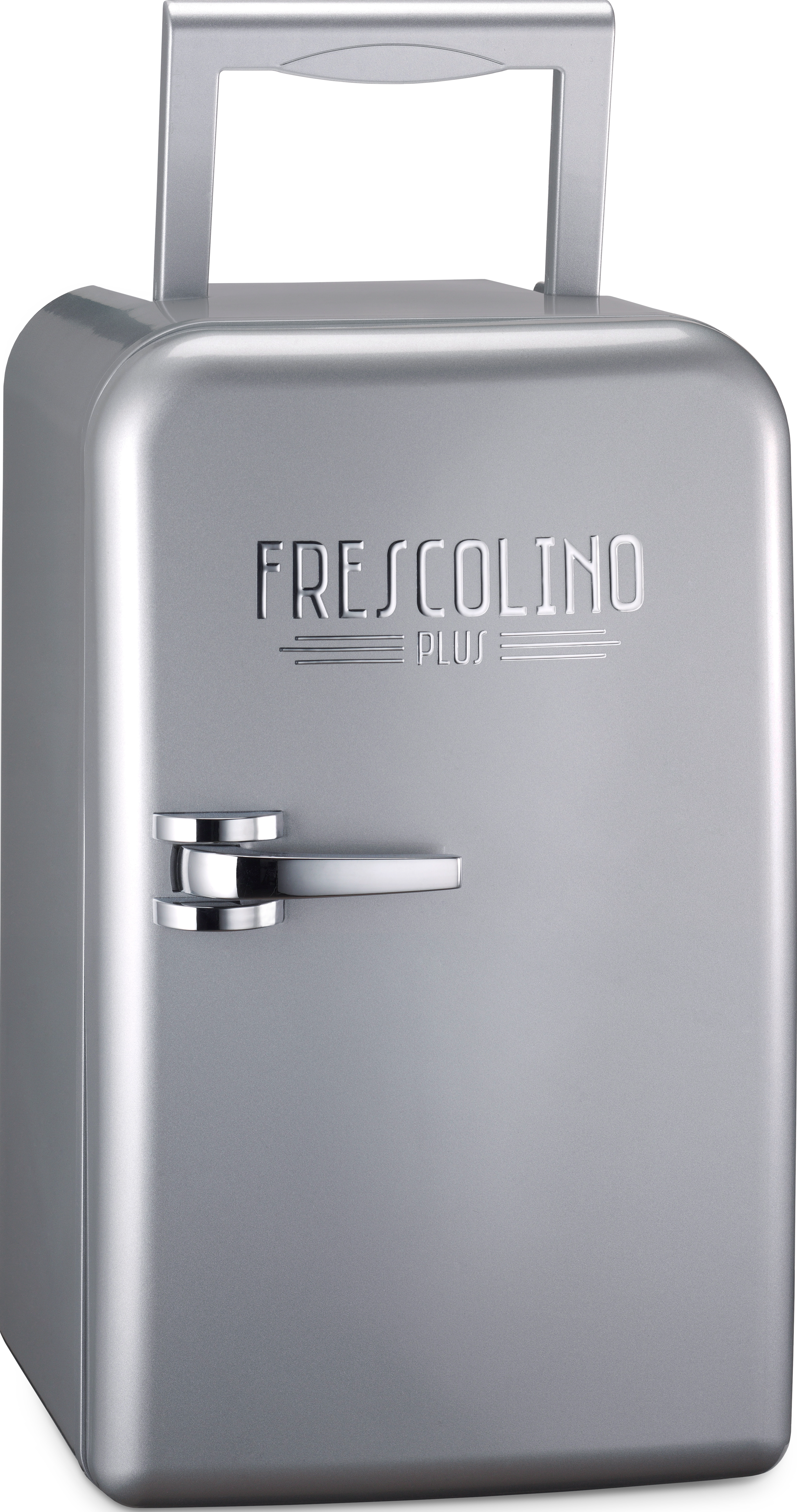 Mini frigo argento. Maniglia sulla porta. Il nome FRESCOLINO PLUS è sul davanti.