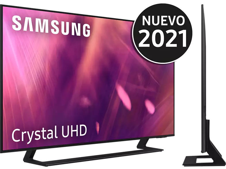 Televisor Samsung con marco negro, vista lateral. Texto: Crystal UHD, Nuevo 2021.