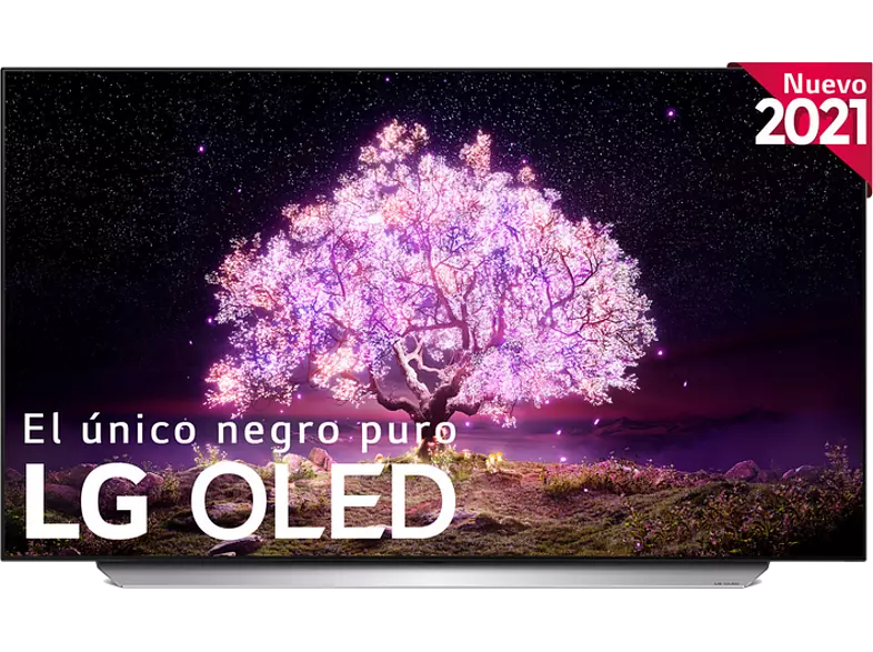 Televisor LG OLED que muestra una escena de flor de cerezo con el texto 'LG OLED'.