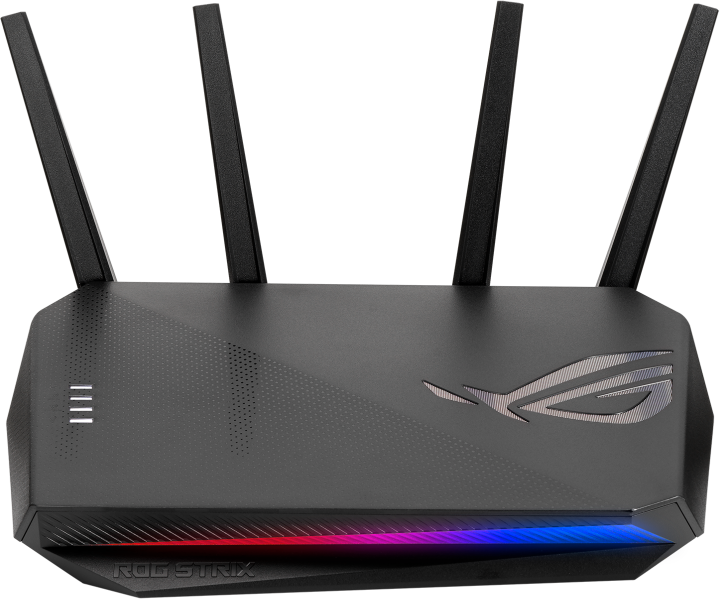 Fekete gaming router négy antennával, ROG STRIX logóval és LED-es lámpákkal az elején.