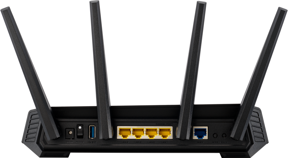Egy fekete router hátulja, négy antennával. Portok: tápellátás, USB, LAN és WAN.