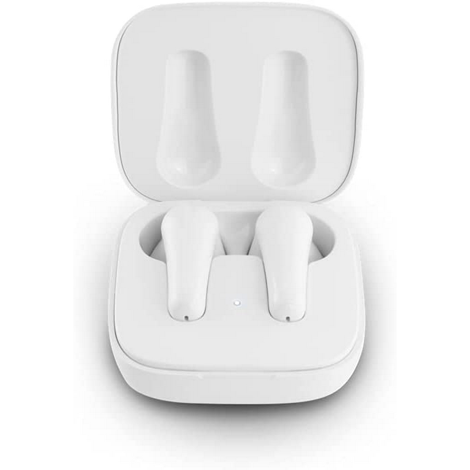 Auriculares blancos dentro de un estuche de carga blanco. El estuche está abierto.