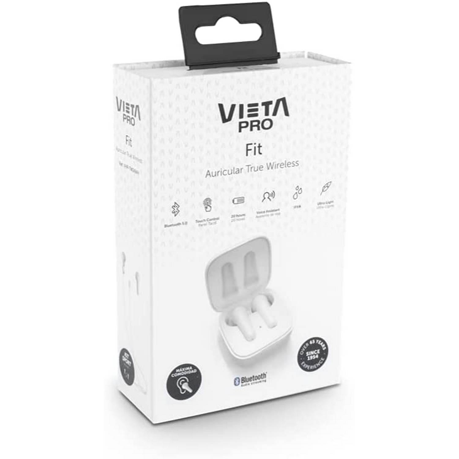 Una caja blanca con auriculares dentro. La caja tiene texto e imágenes, y está sobre fondo blanco.