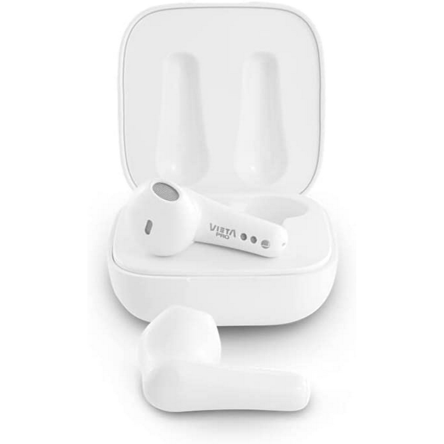 Auriculares y estuche blancos. Un auricular está separado y el otro descansa en el estuche abierto.