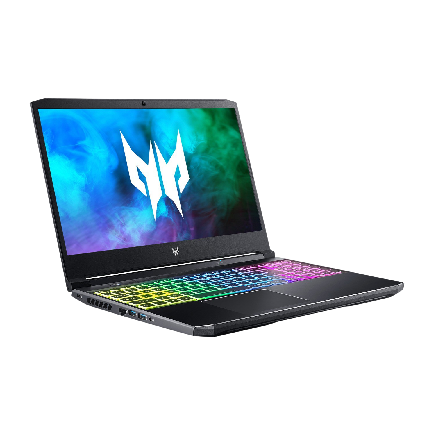 Un portátil negro con teclado iluminado de colores sobre una superficie negra. La pantalla muestra una imagen colorida.