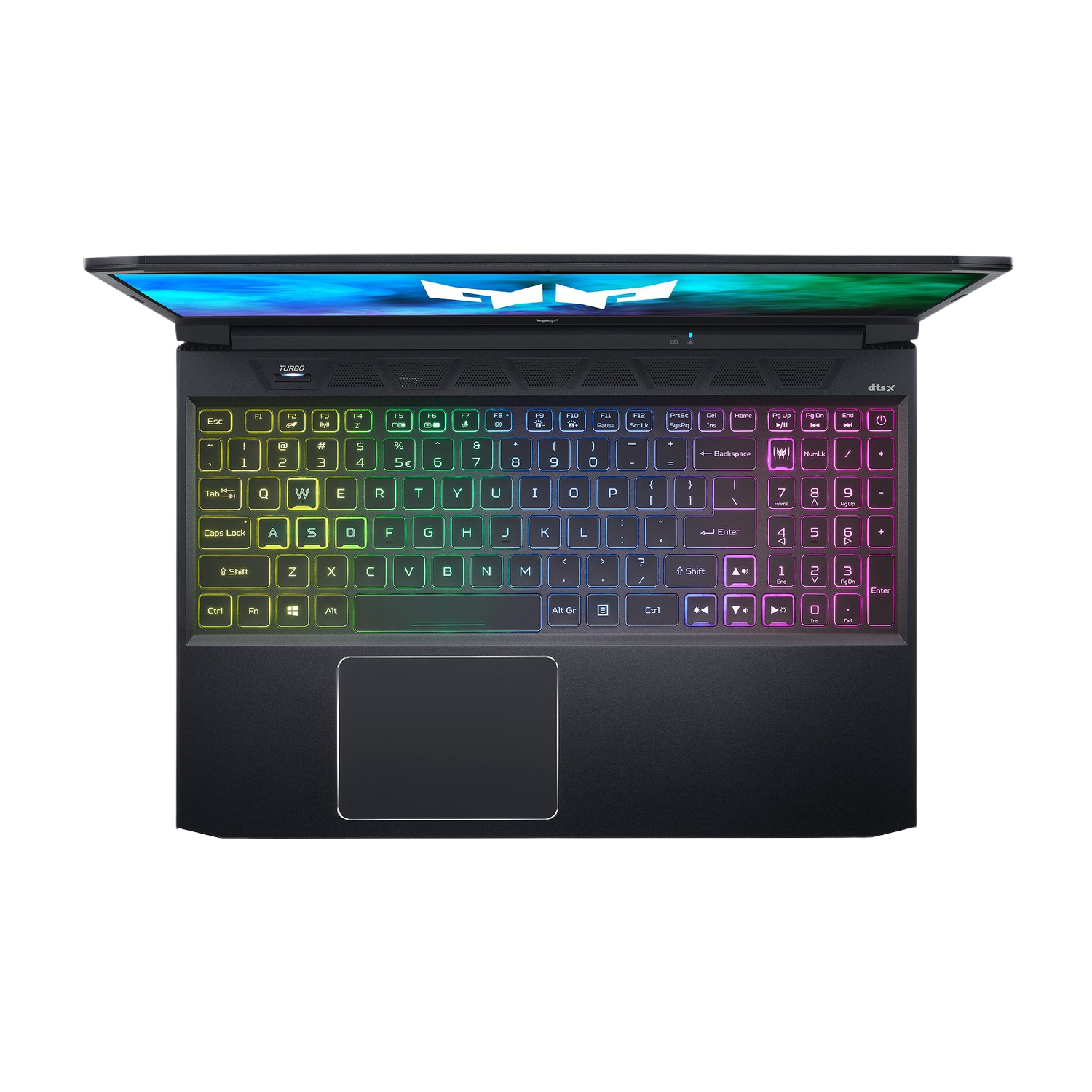 Vista superior de un portátil negro con teclado retroiluminado colorido. La pantalla está ligeramente abierta.