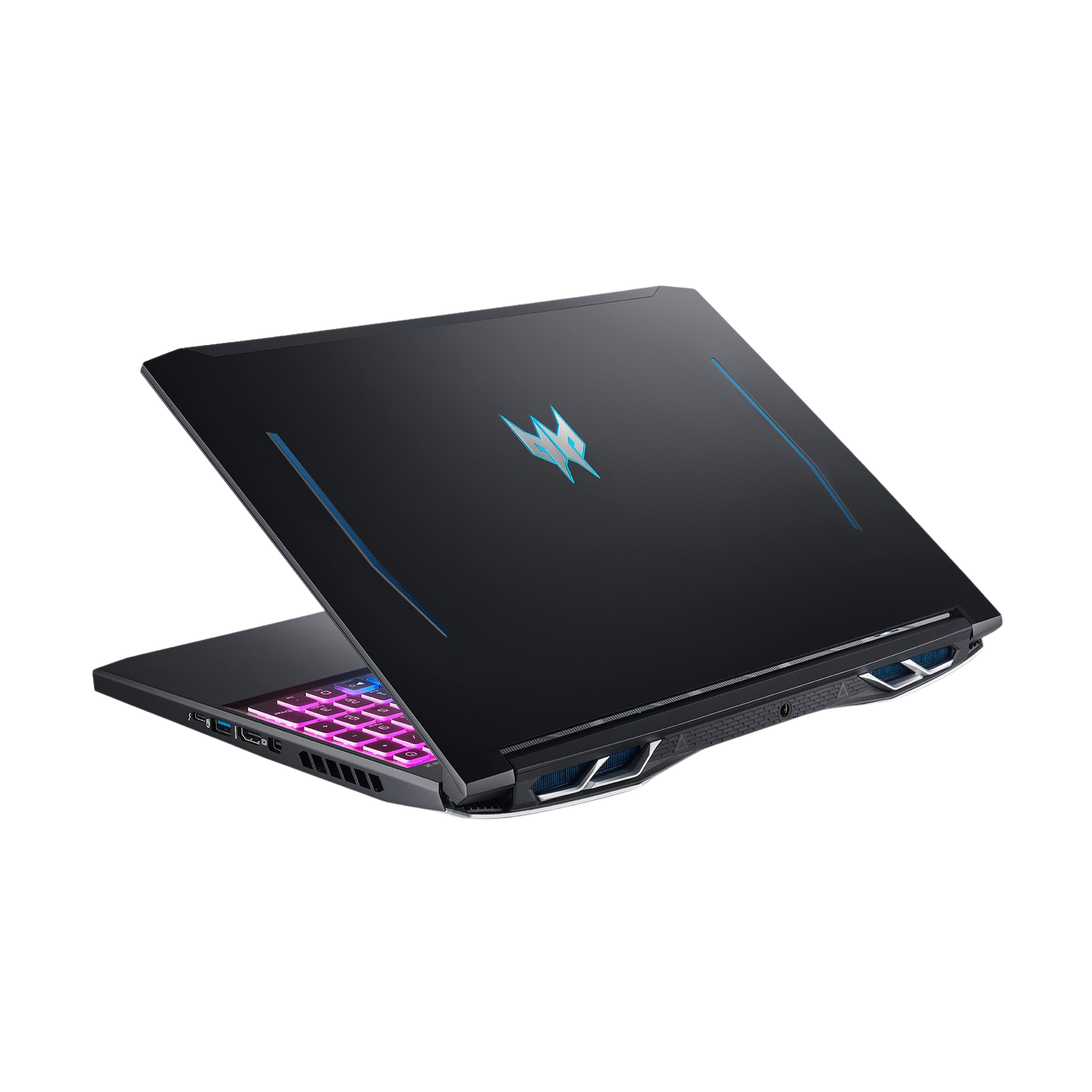 Portátil gaming negro con la tapa abierta. Iluminación rosa y azul, logo retroiluminado.