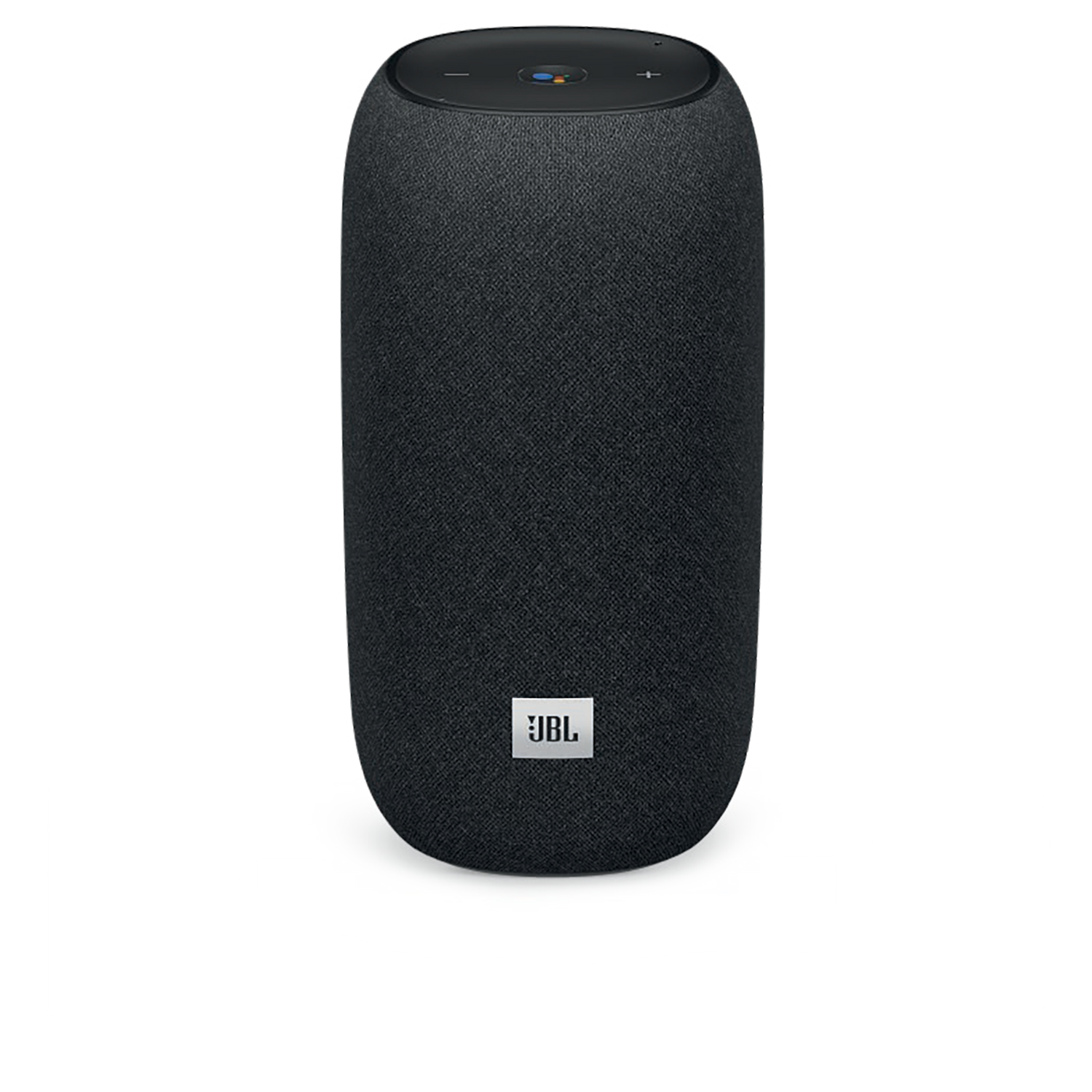 Altavoz JBL negro con diseño suave y botón de Google Assistant en la parte superior.