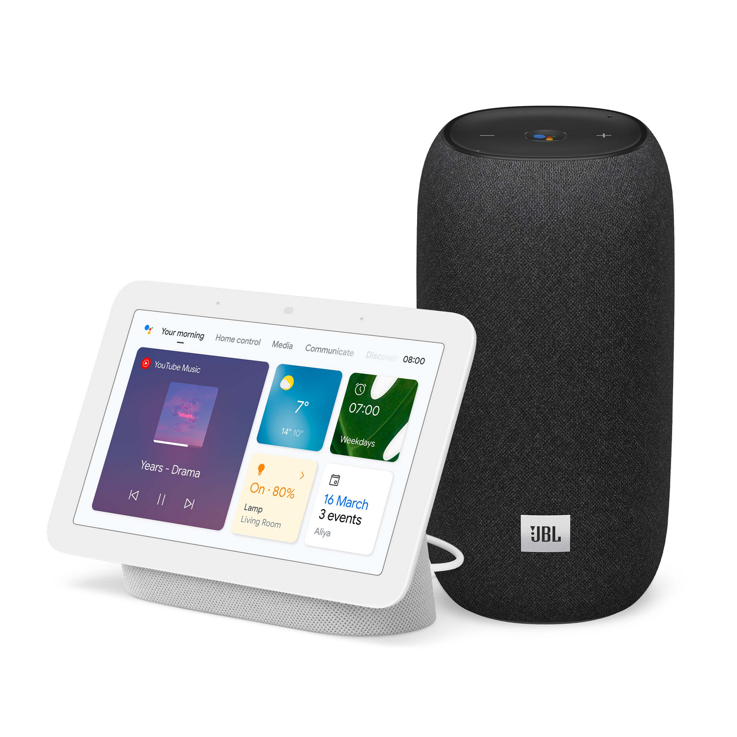 Pantalla inteligente Google Nest Hub Max con un altavoz JBL. Ambos dispositivos son en blanco y negro.