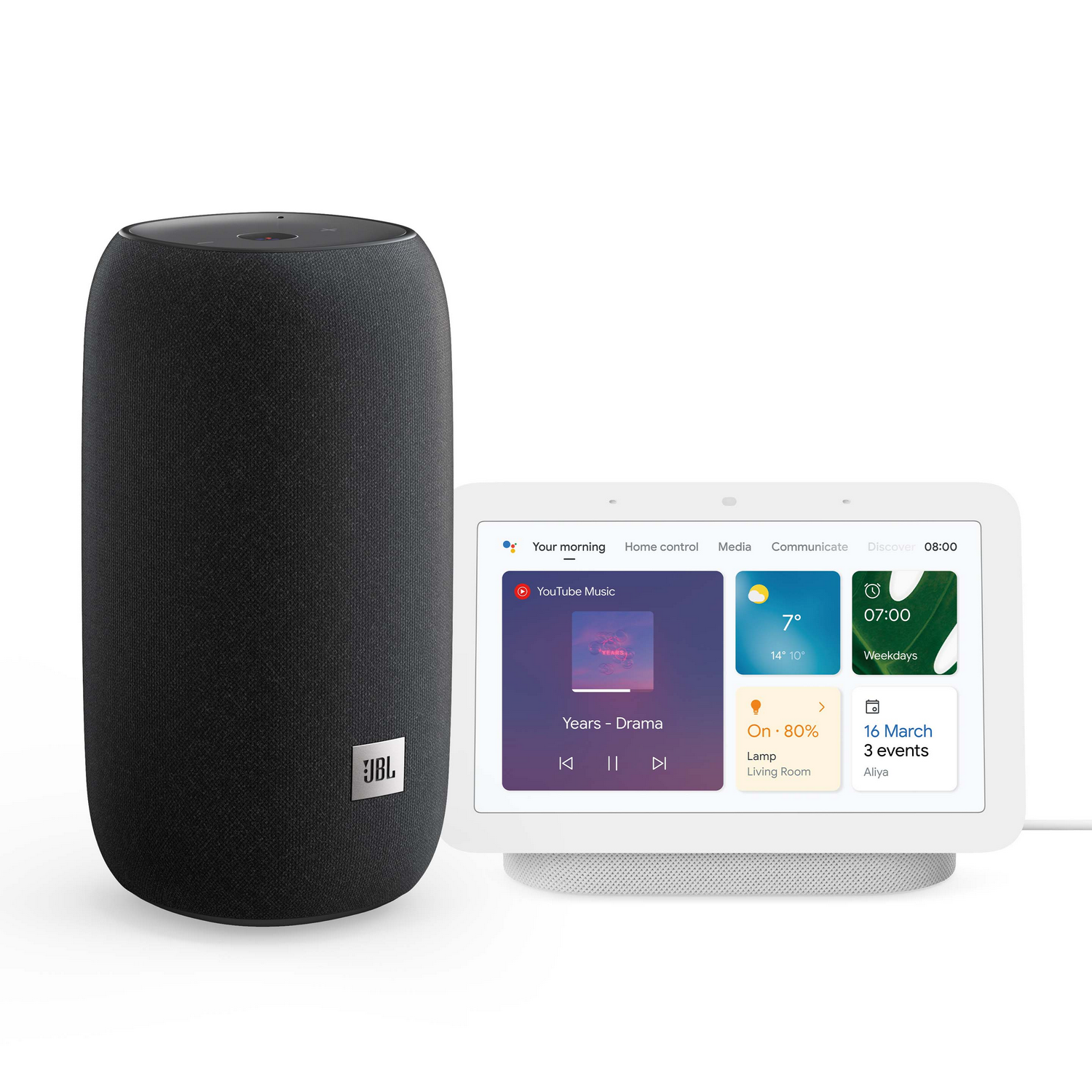 Altavoz negro junto a una pantalla inteligente blanca con música y calendario.