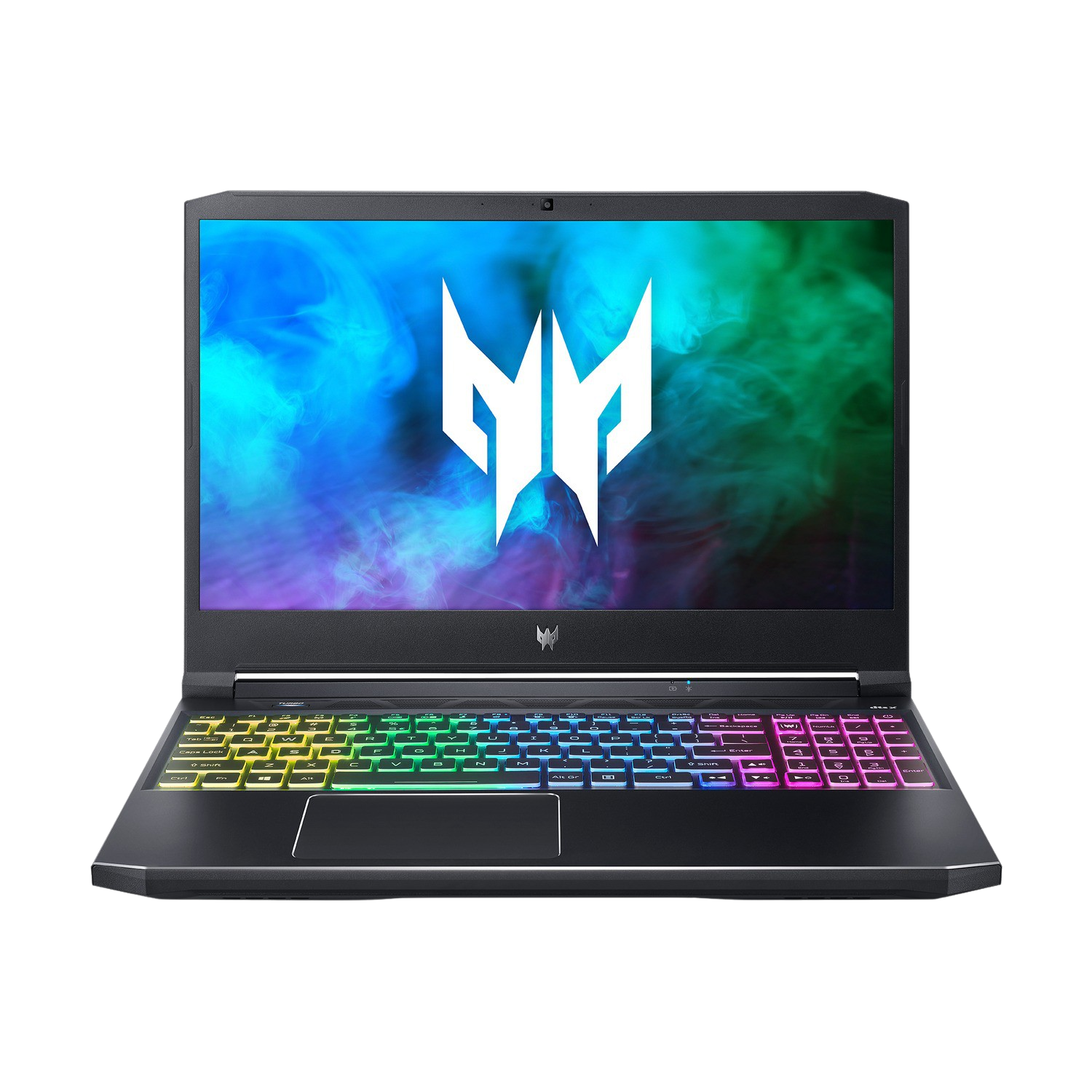 Un portátil negro con teclado colorido y logo en la pantalla. El fondo es negro.