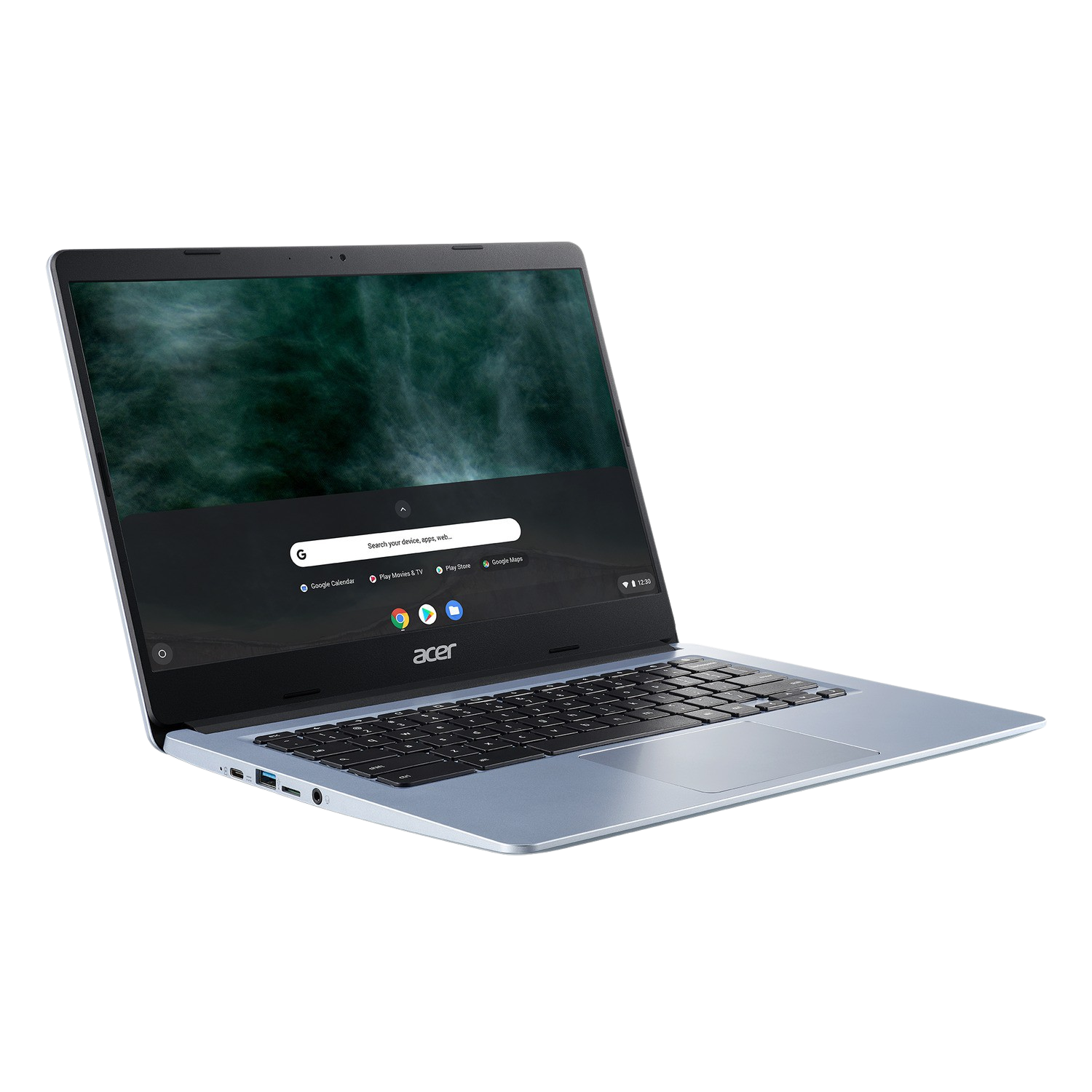 Un portátil Acer azul abierto, que muestra el navegador Chrome en la pantalla.