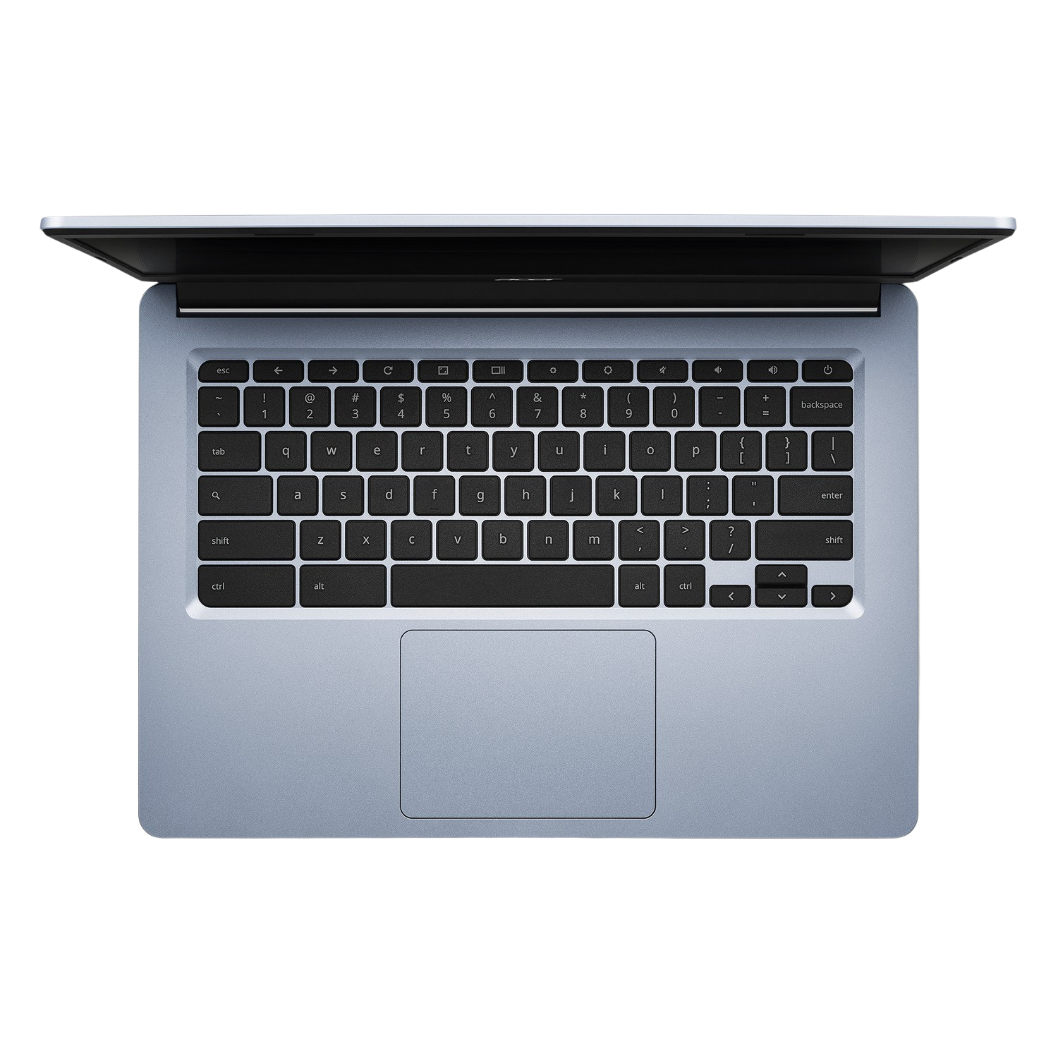 Teclado de portátil, vista superior, color azul claro, marco negro.
