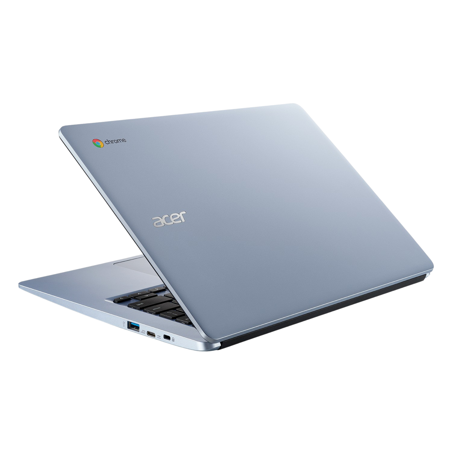 Portátil Acer Chromebook azul, abierto en ángulo, teclado negro visible.