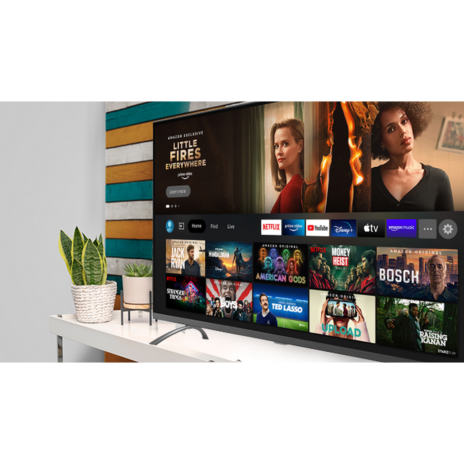 Una pantalla de TV que muestra una interfaz de servicio de transmisión con múltiples miniaturas de programas.