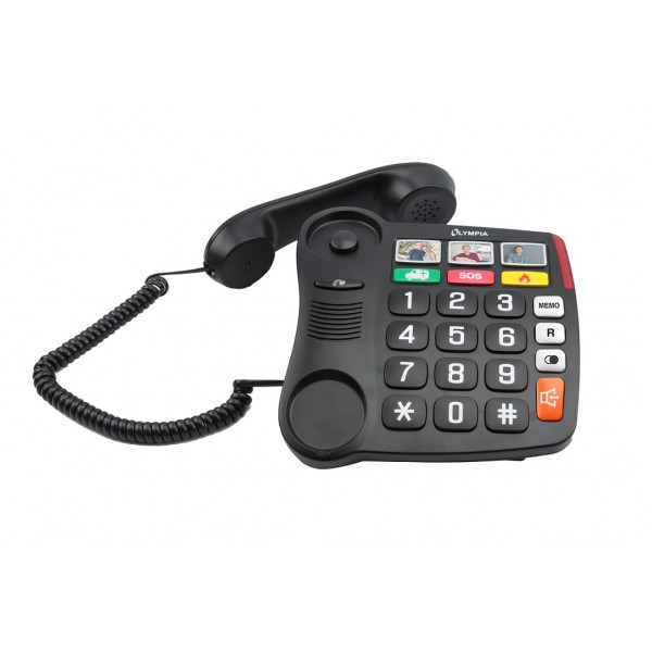 Fekete telefon nagy gombokkal, fehér háttér.