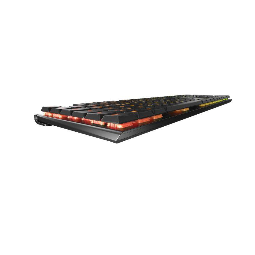 Schwarze Gaming-Tastatur, orange und rot hinterleuchtete Tasten.