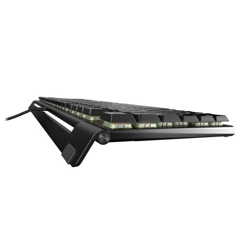 Eine schwarze Tastatur mit roten Schaltern, schräge Ansicht. Die Rückseite der Tastatur ist erhöht.