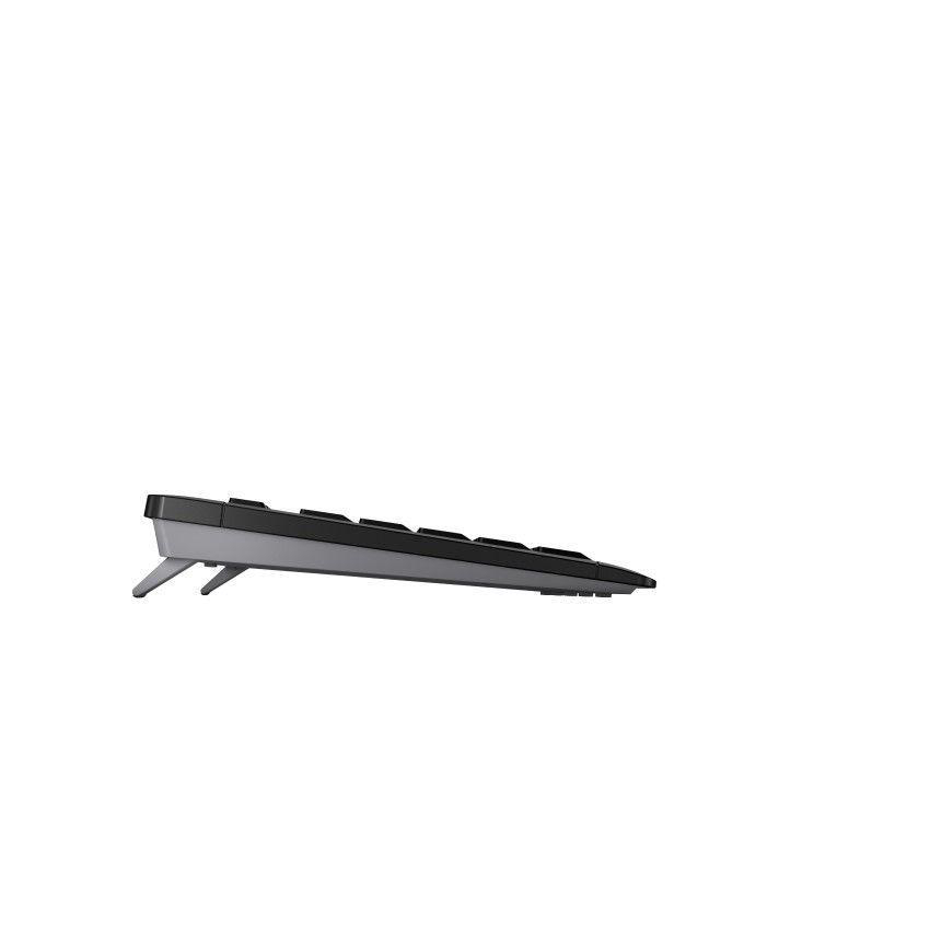 Seitenansicht einer schwarz-grauen Tastatur, die das Profil und den Ständer an der Unterseite zeigt.